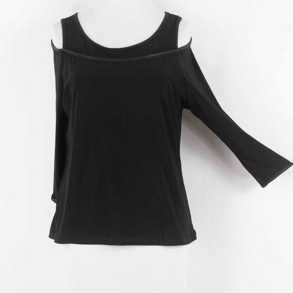 Clara S Sun Sz M Black Cold Shoulder Stretch Banding Accent Poly Blend Knit Top - Picture 1 of 5